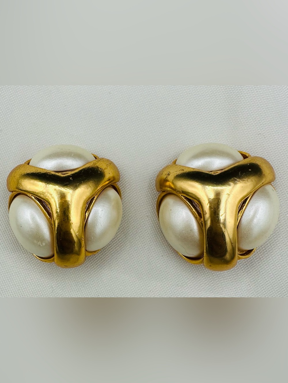 Vintage Gold and Faux Pearl Tercet Oversized Statement Clip Earrings